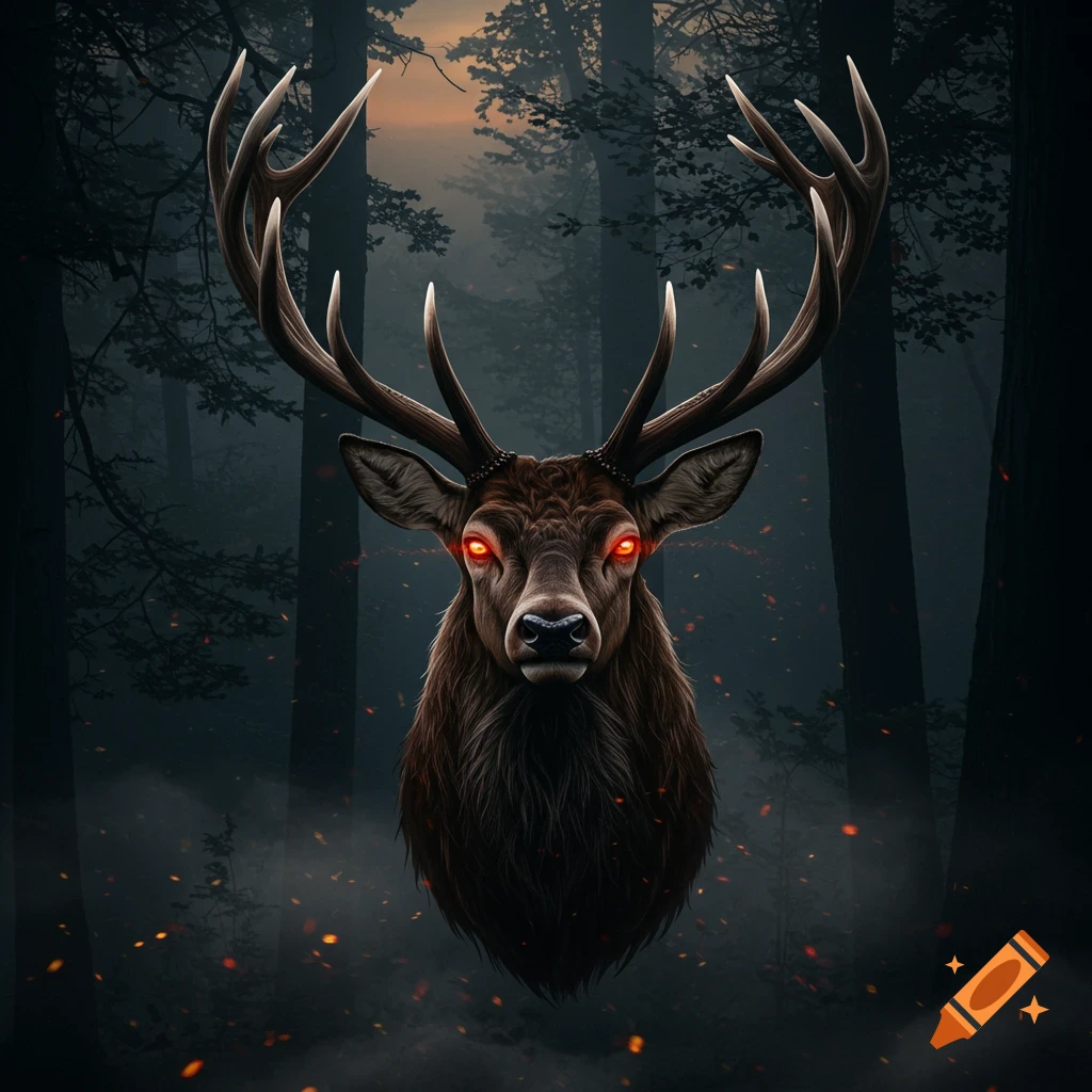 A stylized deer head with glowing red eyes and large antlers emerges from a dark, misty forest with embers floating in the air.