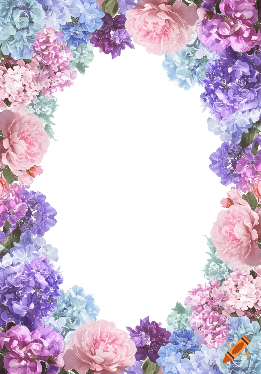 A floral border with pastel pink, purple, and blue flowers, including peonies and hydrangeas, framing a white space.
