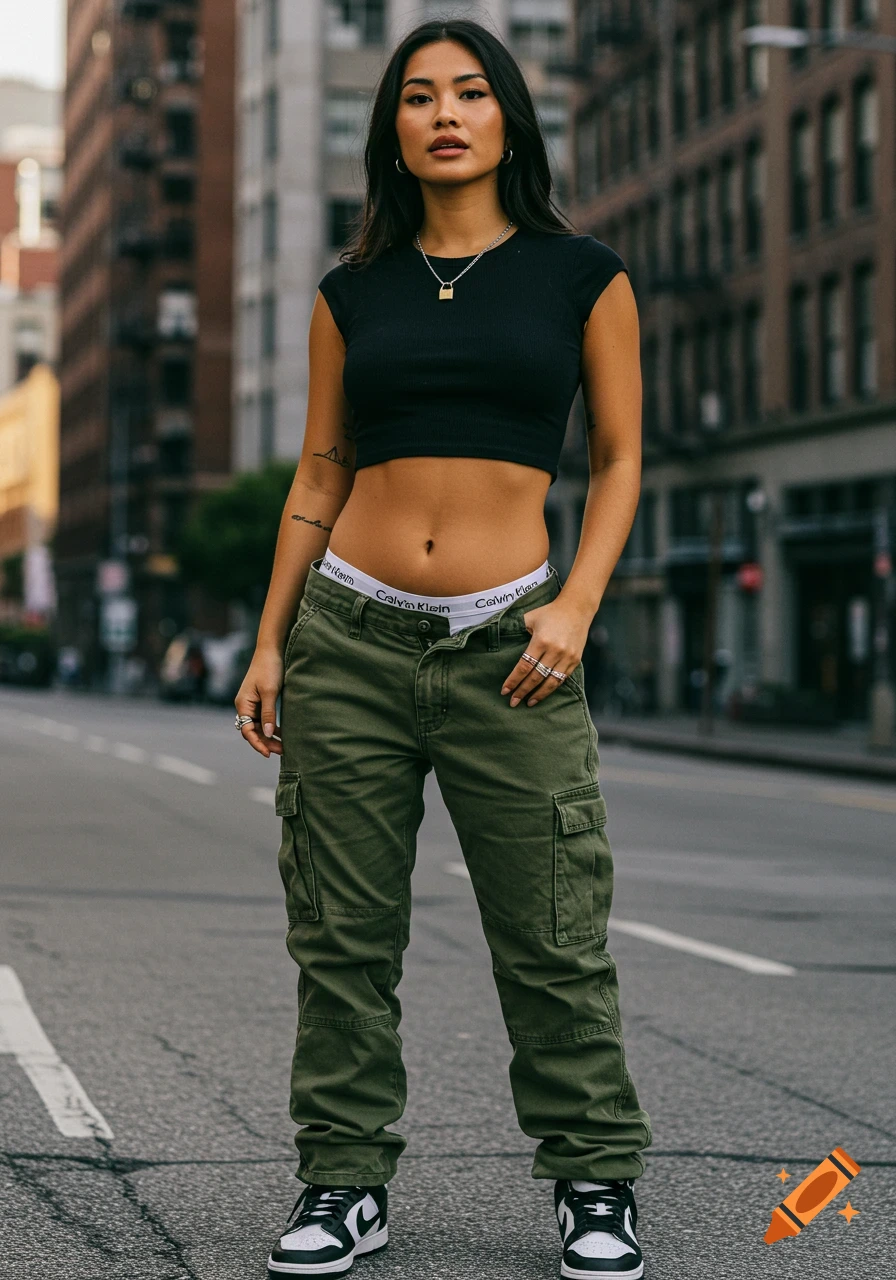 A woman in a black crop top, olive cargo pants, and Nike Dunks stands in a city street, showing her Calvin Klein waistband.