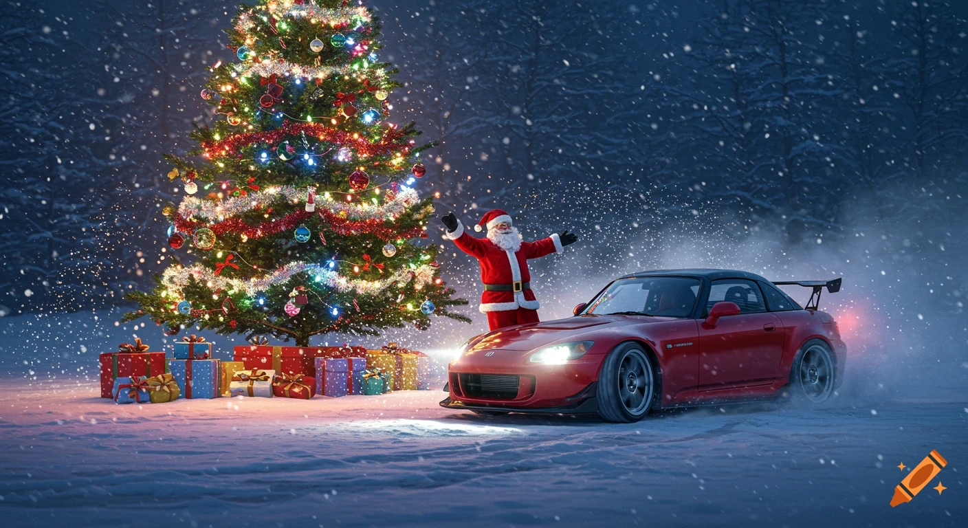 Photorealistic image of Santa Claus with a red Honda S2000 drifting in snow next to a decorated Christmas tree and gifts.