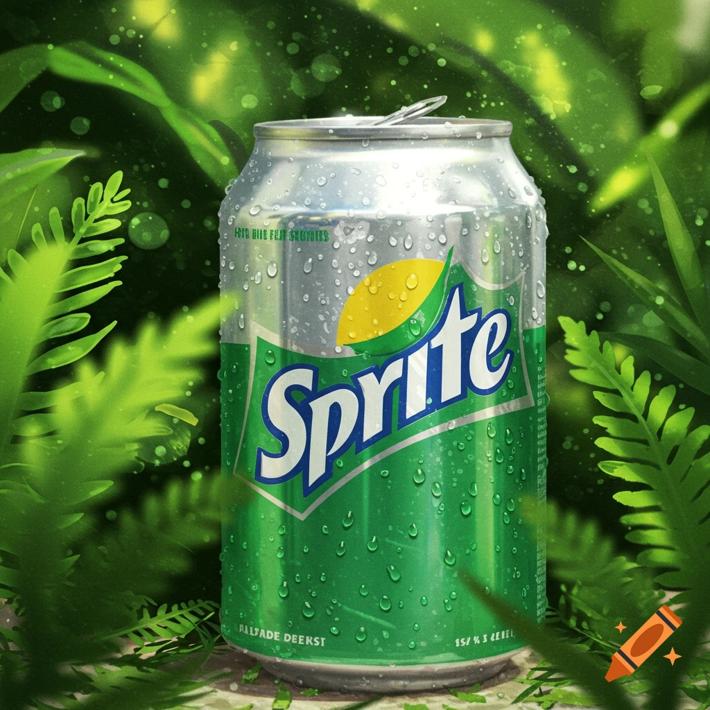 Photorealistic image of a cold, wet Sprite can surrounded by green foliage, with water droplets on the can.