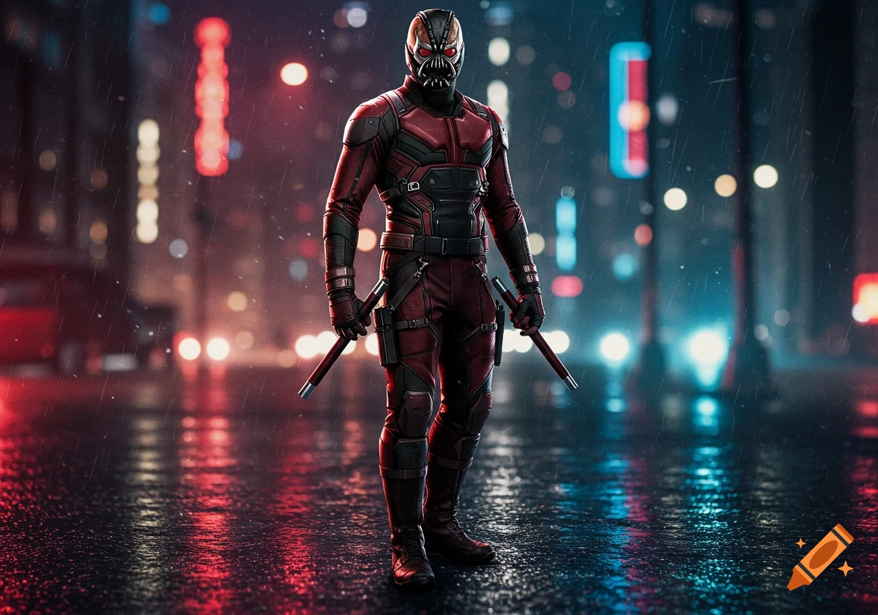 A masked figure in a red and black suit with batons stands on a wet city street at night under rain, with blurred neon lights.