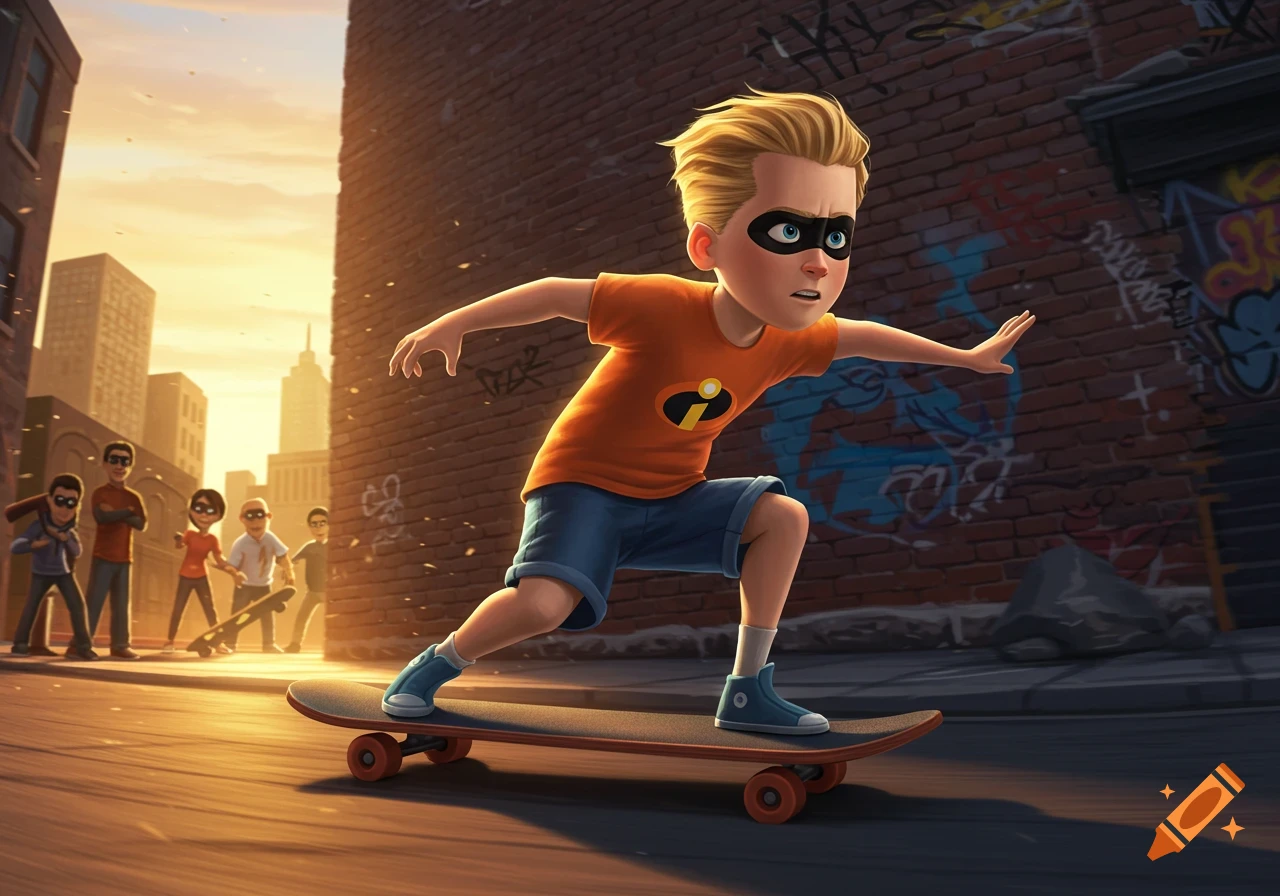 Dash from The Incredibles skateboarding down a city street at sunset, with other kids watching in the background.