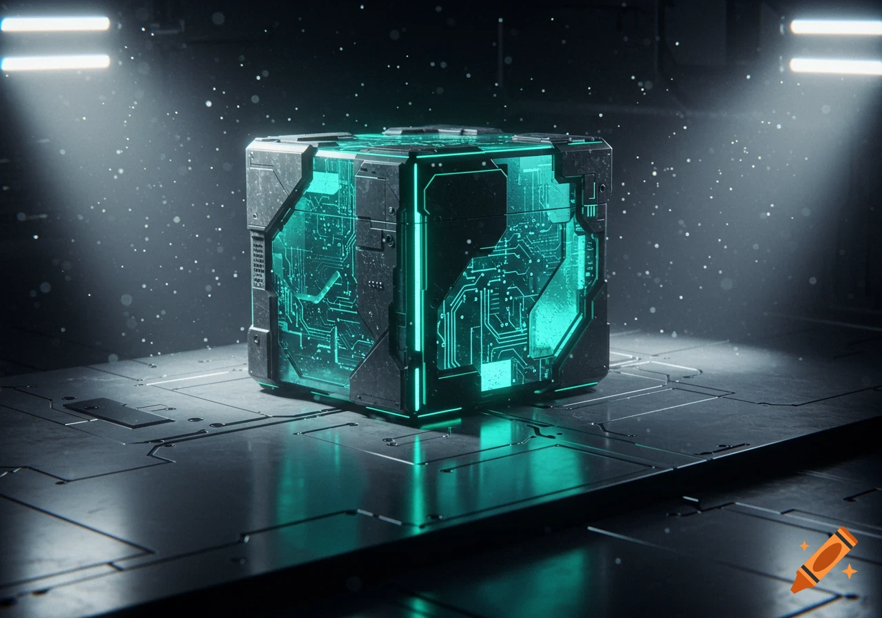 A glowing, metallic sci-fi box with transparent panels revealing green circuitry, illuminated by spotlights in a dark, dusty environment, photorealistic style.