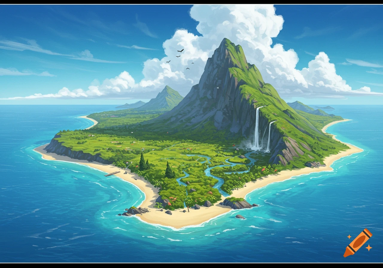 A vibrant aerial illustration of a lush tropical island with a tall green mountain, waterfalls, winding river, sandy beaches, and blue ocean.
