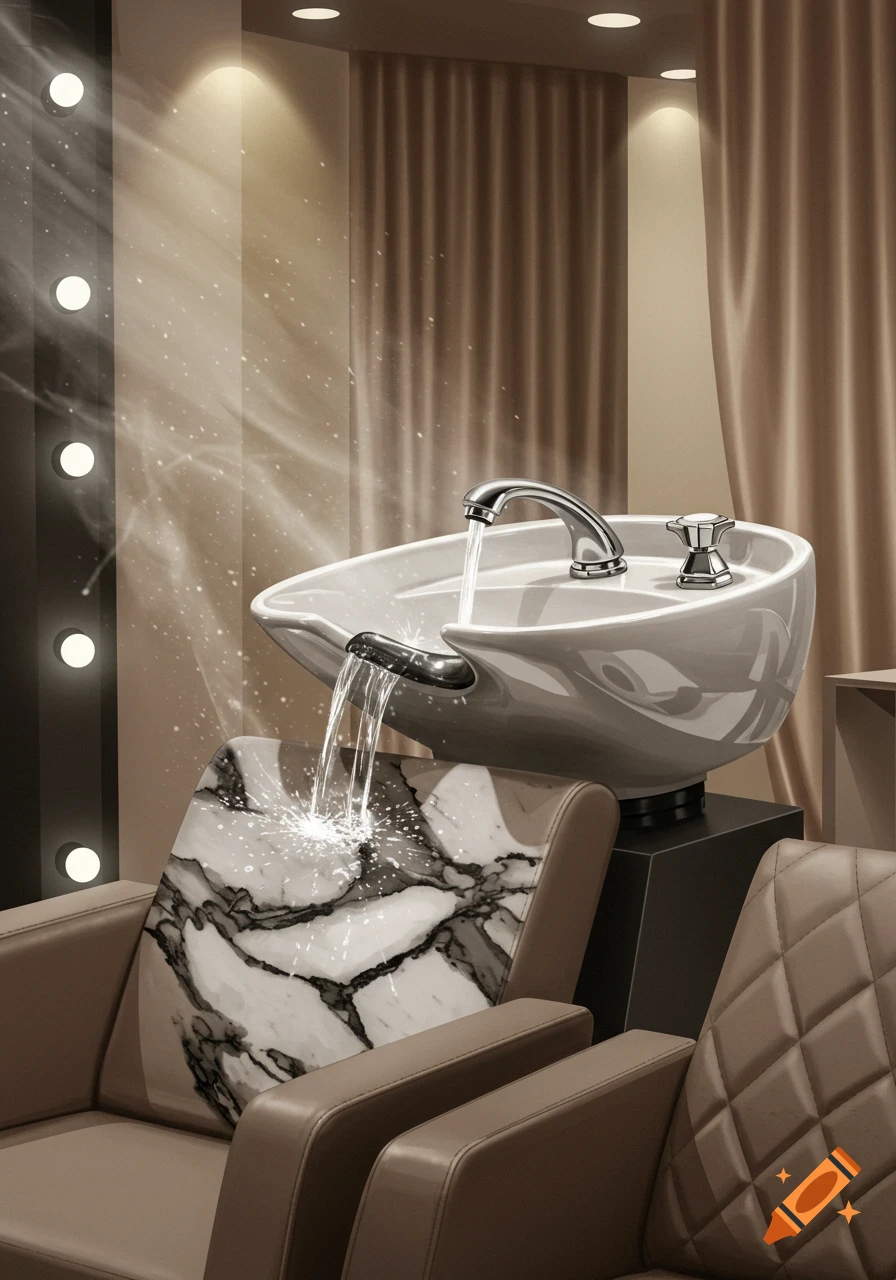 A luxurious salon shampoo bowl with water flowing from the faucet onto a marble-patterned chair, in a stylish salon setting.
