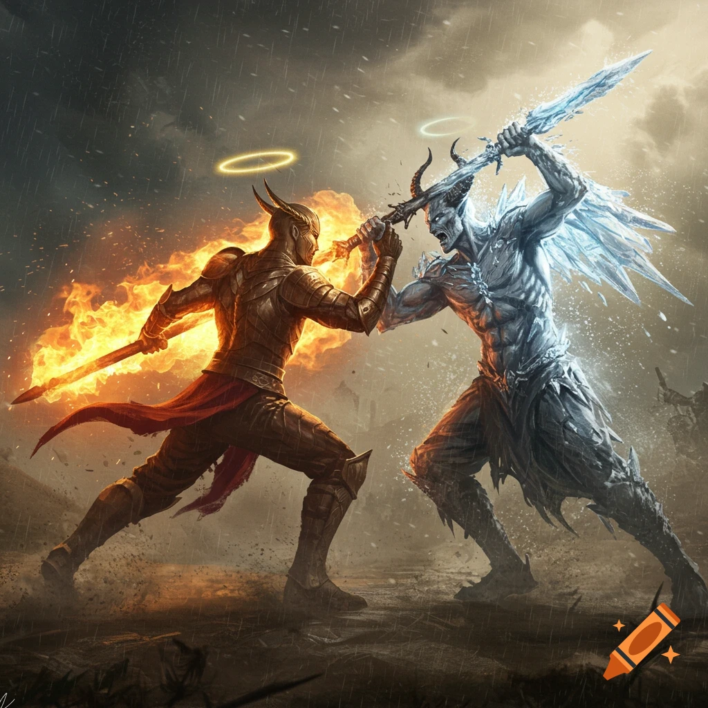A fiery horned warrior with a halo clashes swords with an icy horned demon under a stormy sky.