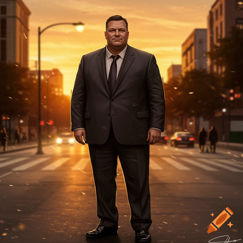 A stocky man in a dark suit stands in the middle of a city street at sunset, with buildings and cars in the blurred background.