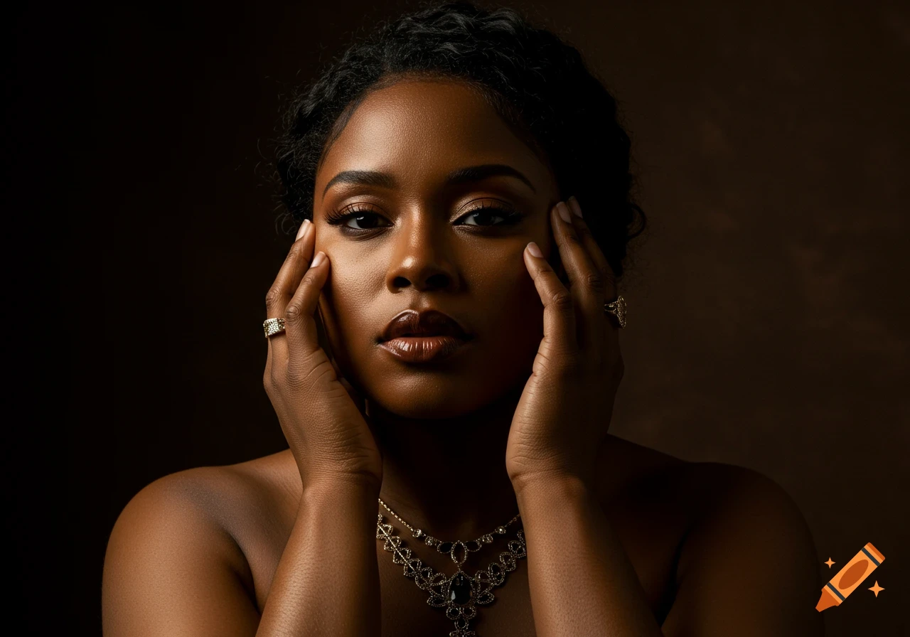 Photorealistic portrait of a woman with dark skin and jewelry, her hands framing her face under dramatic lighting.