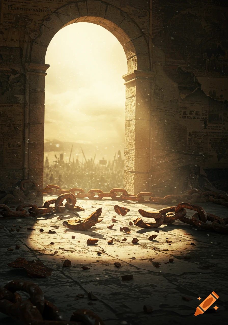 Epic sunlit view through a ruined stone archway, with broken chains and shackles on the ground and a distant army.