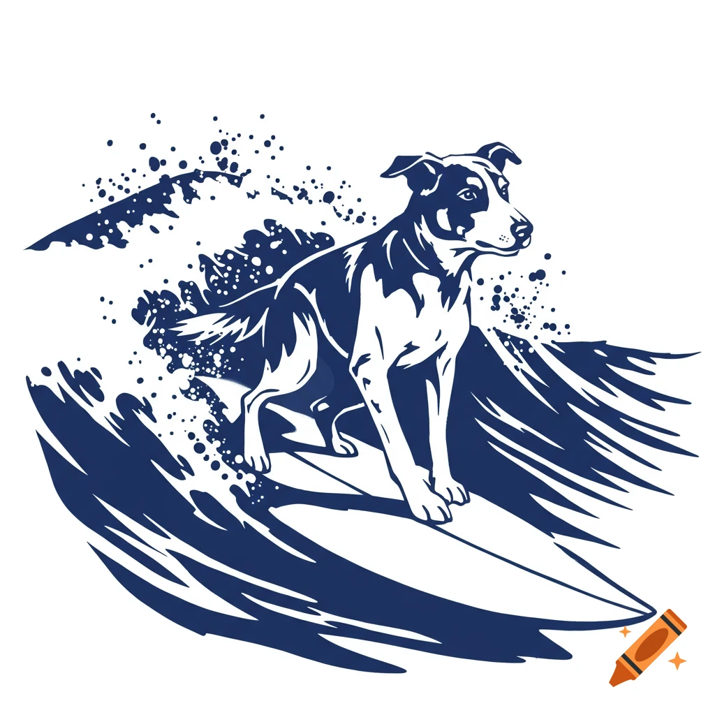 Two-color stencil illustration of a dog surfing on a wave.