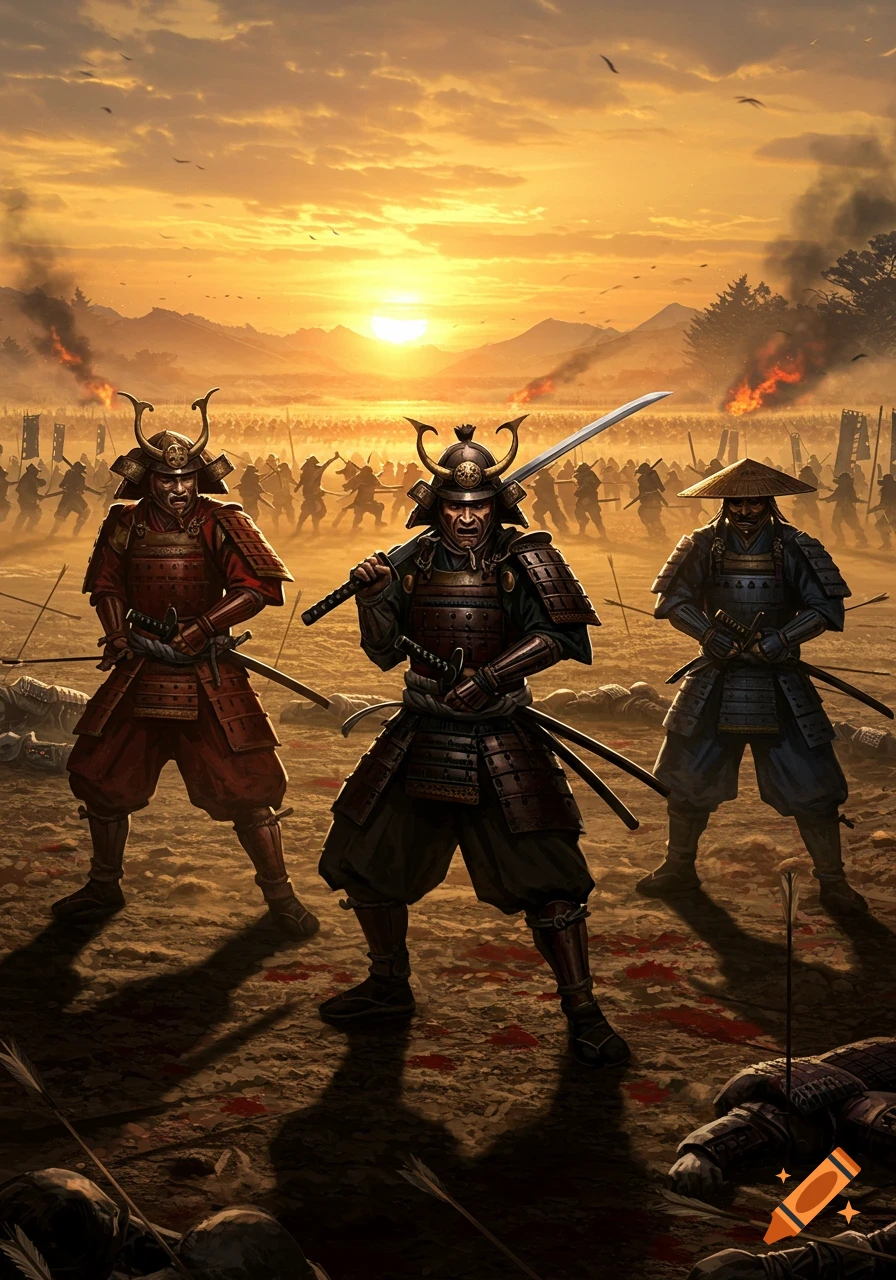 Three samurai warriors stand on a battlefield at sunset, with a large army and smoke in the background.
