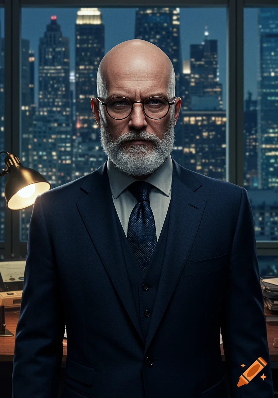 A bald man with a grey beard and round glasses in a suit looks directly forward, standing in an office with a city skyline at night.