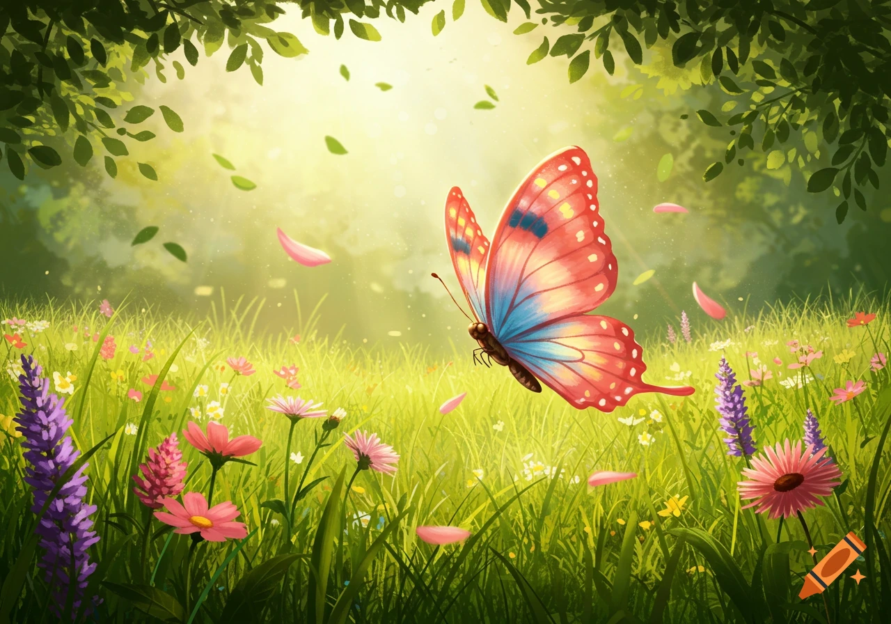 A vibrant, illustrative butterfly flies over a sunny meadow filled with colorful wildflowers and green grass under leafy trees.