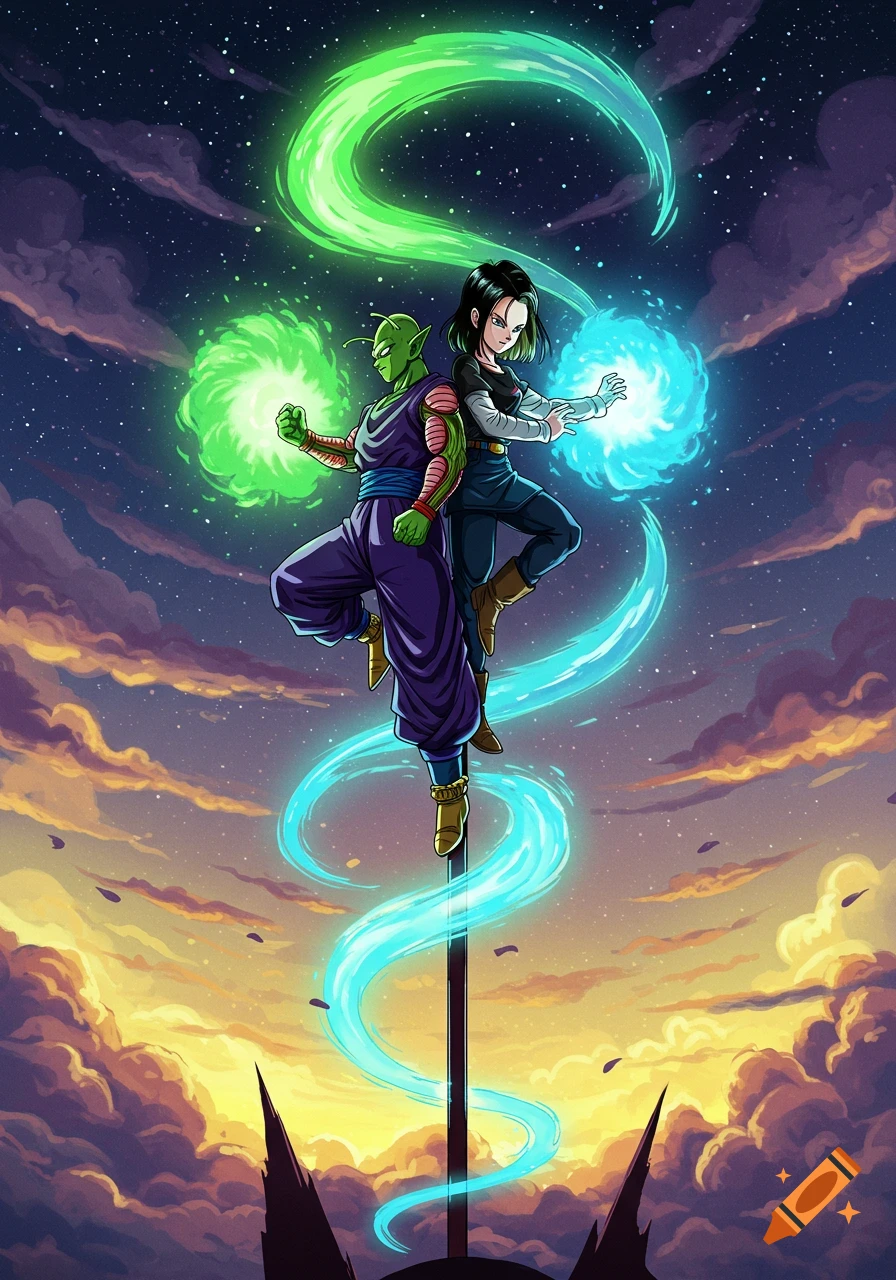 Piccolo and Android 17 from Dragon Ball stand back to back on a pole, surrounded by green and blue energy, against a starry night sky and sunset clouds.