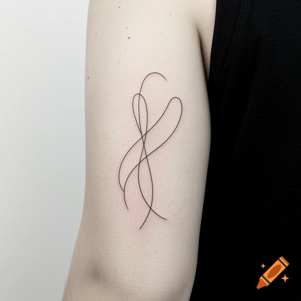 A minimalistic tattoo featuring softly intertwined black lines on a person's upper arm.