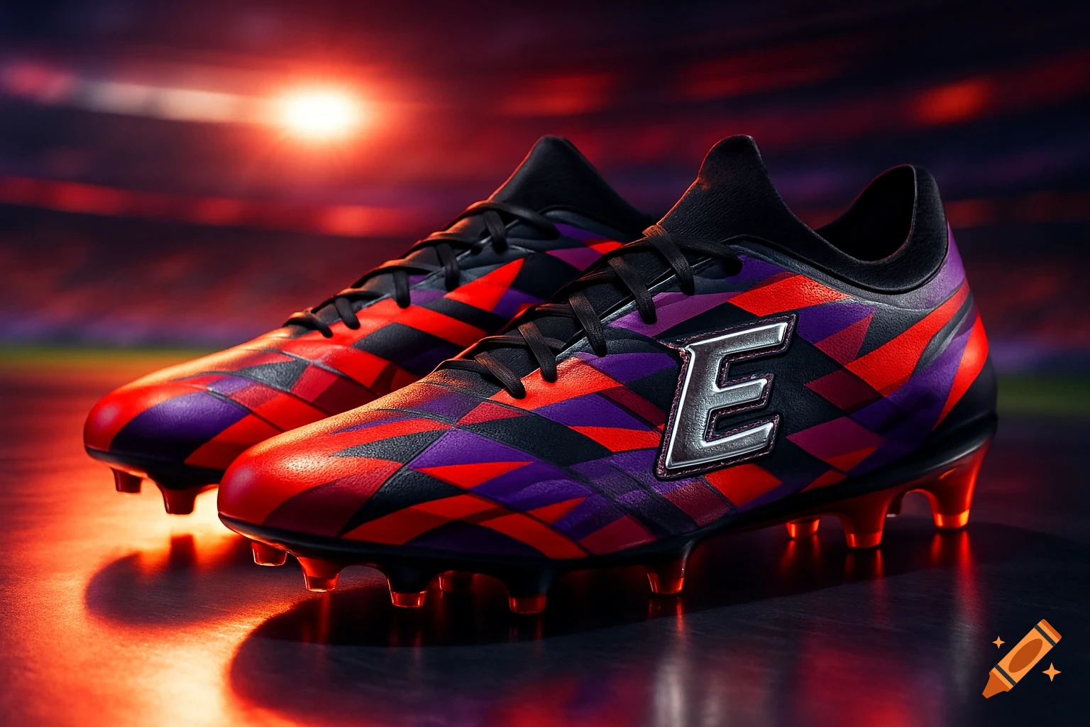 Photorealistic close-up of red, black, and purple soccer cleats with a metallic E logo, set in a stadium at sunset.