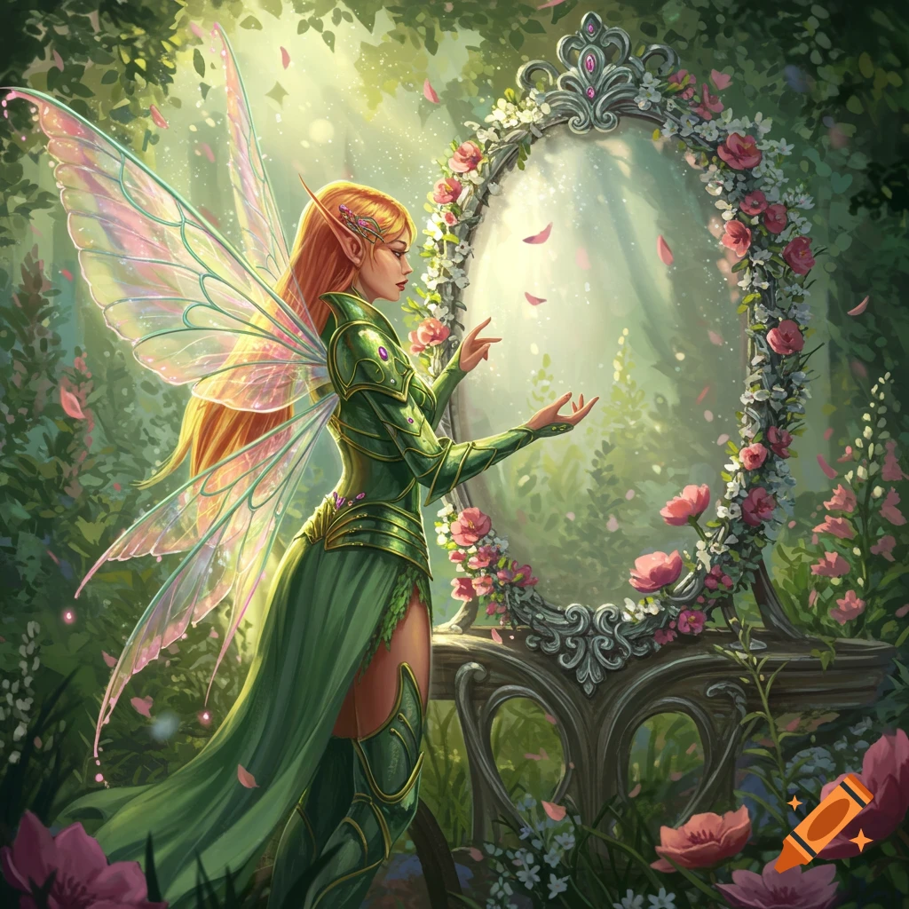 A red-haired fairy in green armor stands before an ornate mirror adorned with pink roses in a sunlit magical forest, with petals falling.