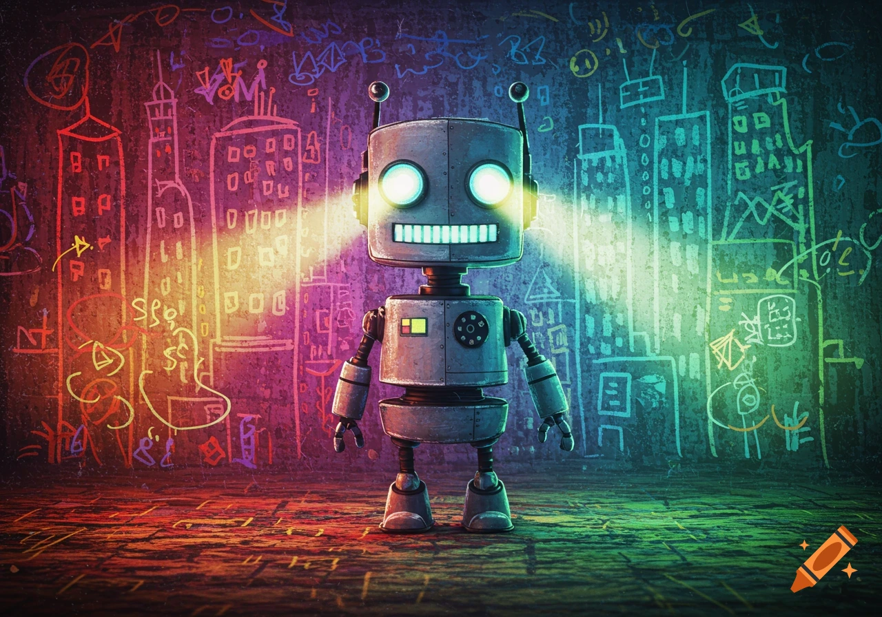 A cute gray robot with glowing eyes and a grin stands in front of a vibrant wall covered in colorful crayon graffiti of buildings and abstract shapes.