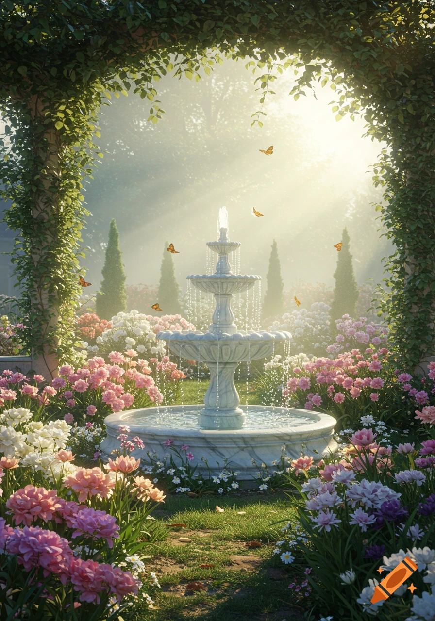 A beautiful garden with a marble fountain, pink and white flowers, and butterflies. Sunlight streams through a leafy archway, creating an ethereal scene.