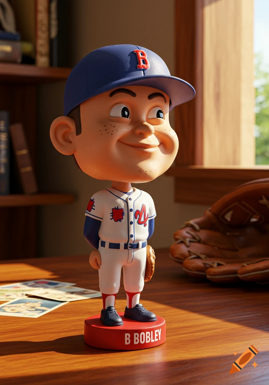 A cartoon bobblehead in a white and blue baseball uniform and blue cap with a 'B', standing on a red base that reads 'B BOBLEY' on a wooden desk.