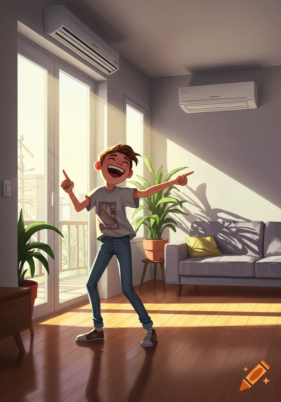 A cartoon boy with brown hair points and laughs, standing in a sunlit room with houseplants and a gray sofa.