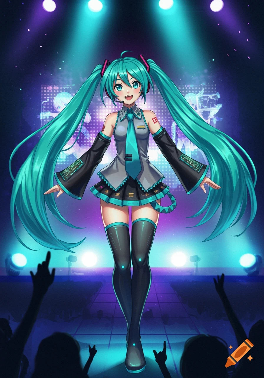 A vibrant anime character with long turquoise pigtails on a brightly lit concert stage, with an audience in the foreground.