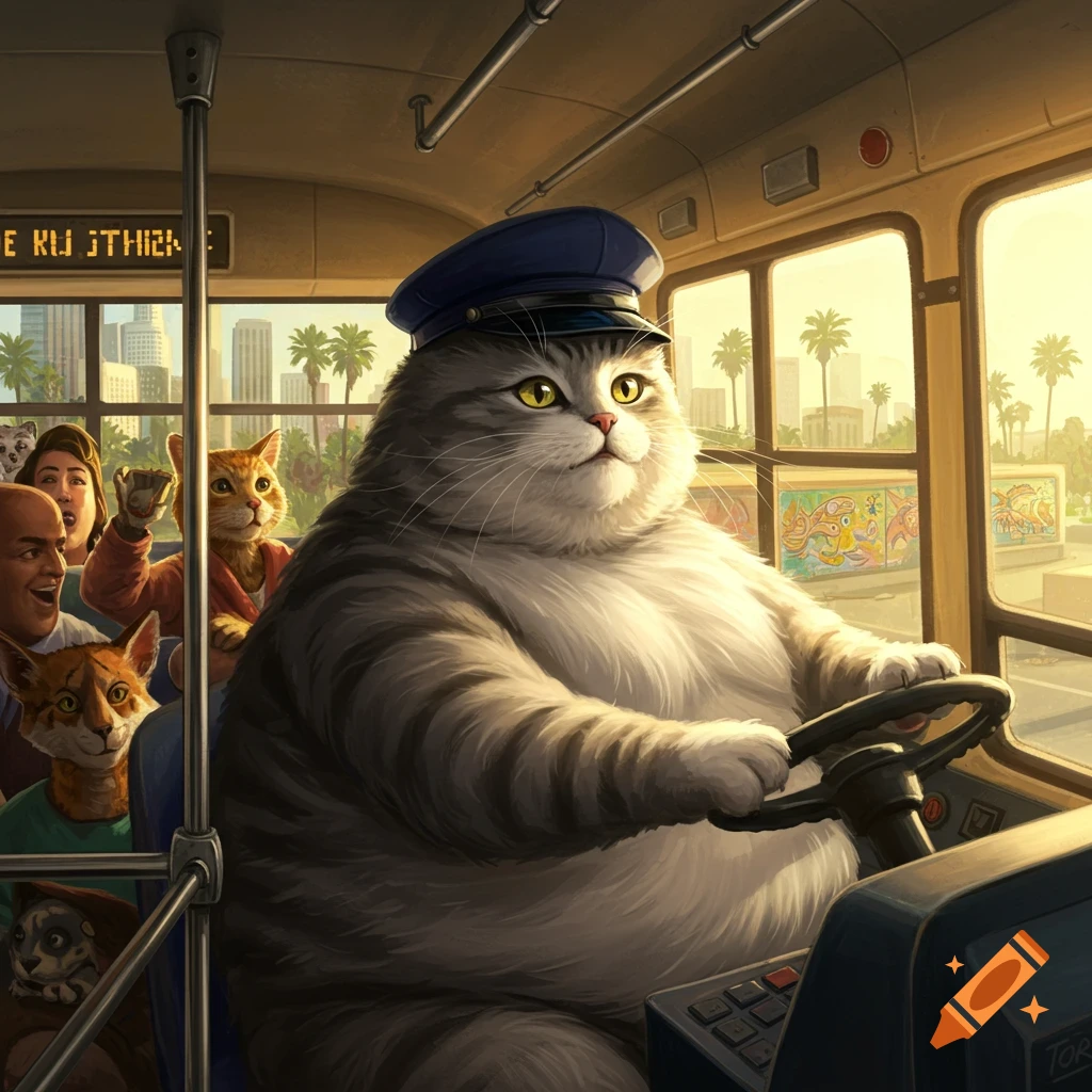 A fluffy grey cat in a blue hat drives a bus through a city with palm trees, carrying human and animal passengers.
