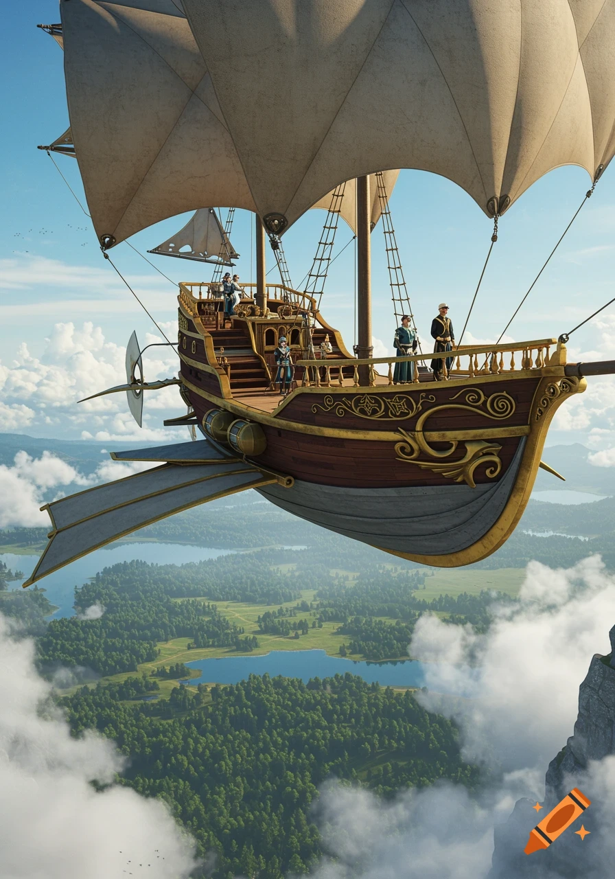 Ornate steampunk airship flying high above a lush green landscape with lakes and clouds, under a blue sky.