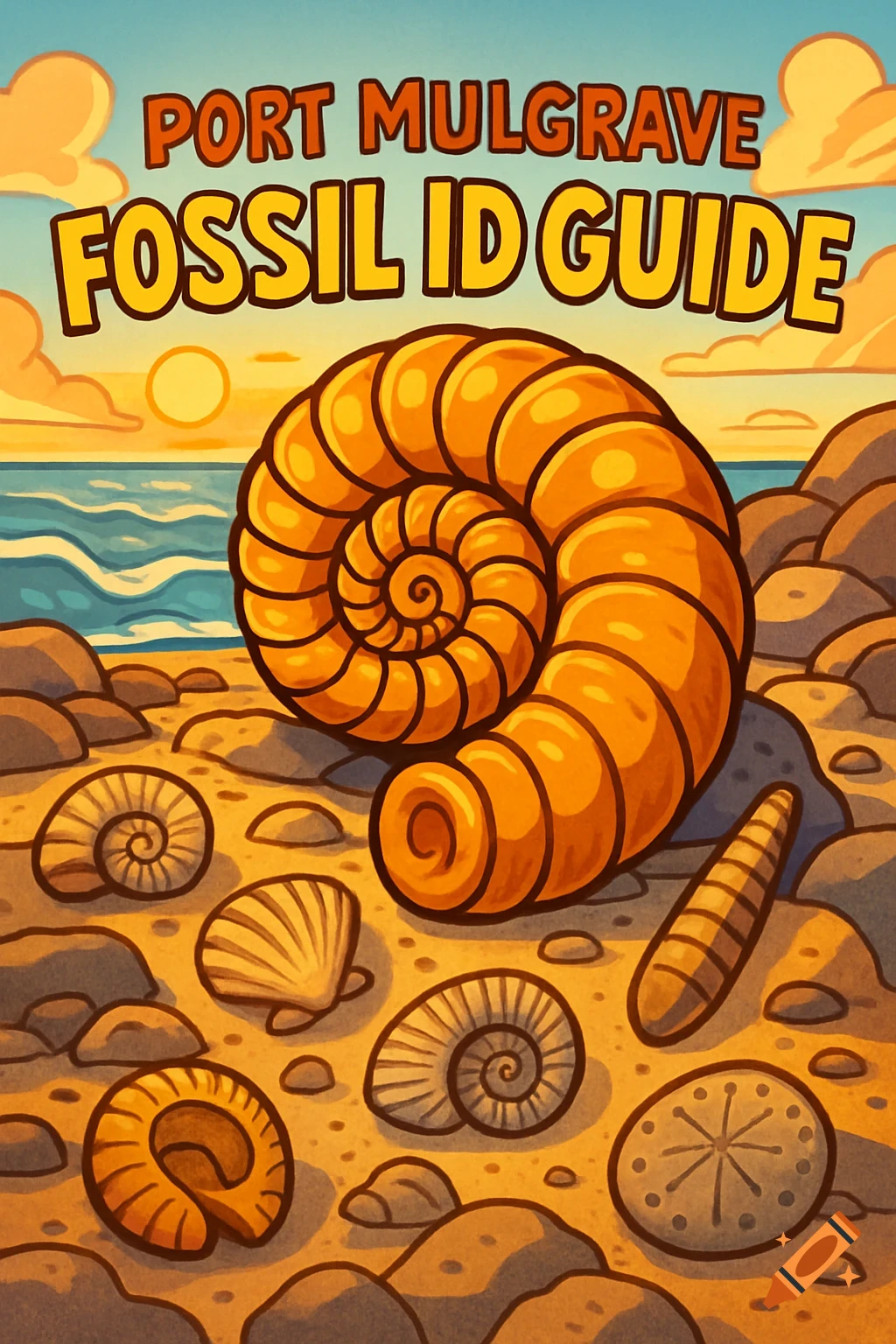 A cartoon illustration of a large ammonite fossil and other fossils on a rocky beach at sunset with text 'Port Mulgrave Fossil ID Guide'.