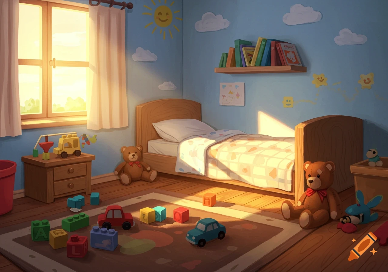 A warm, sunlit illustration of a child's bedroom with a bed, bookshelf, and various toys like building blocks, cars, and teddy bears scattered on the rug and floor.