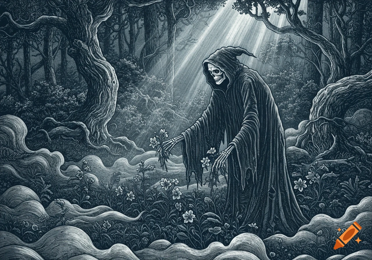 Grim Reaper picking flowers in a dark forest, in the style of an old engraving.