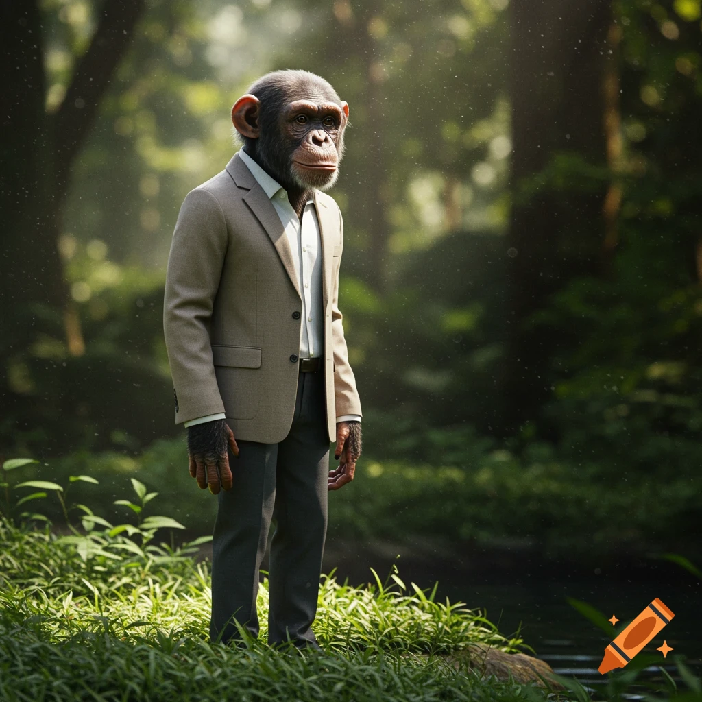 A photorealistic chimpanzee wearing a tan suit and dark pants stands upright in a lush, sunny forest with a river nearby.