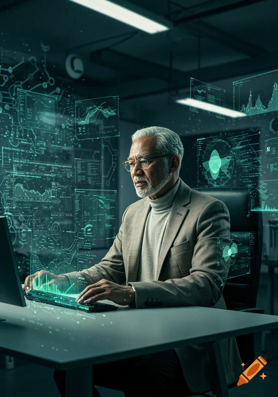 Photorealistic image of an older man with glasses and a beard, in a suit, typing on a keyboard surrounded by glowing holographic data screens.