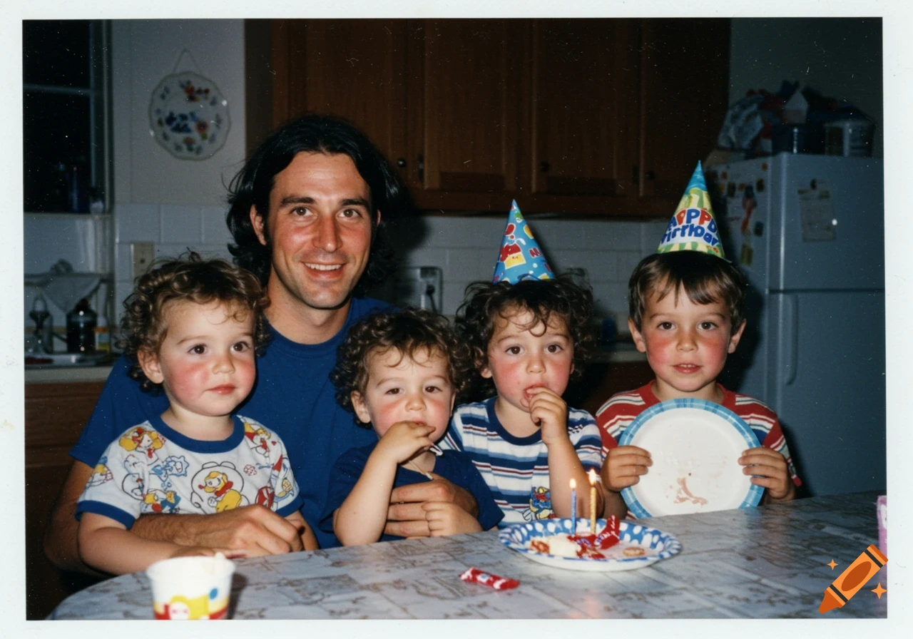 A 1990s photo of a man and four young boys with curly hair at a table, celebrating a birthday with hats and cake.