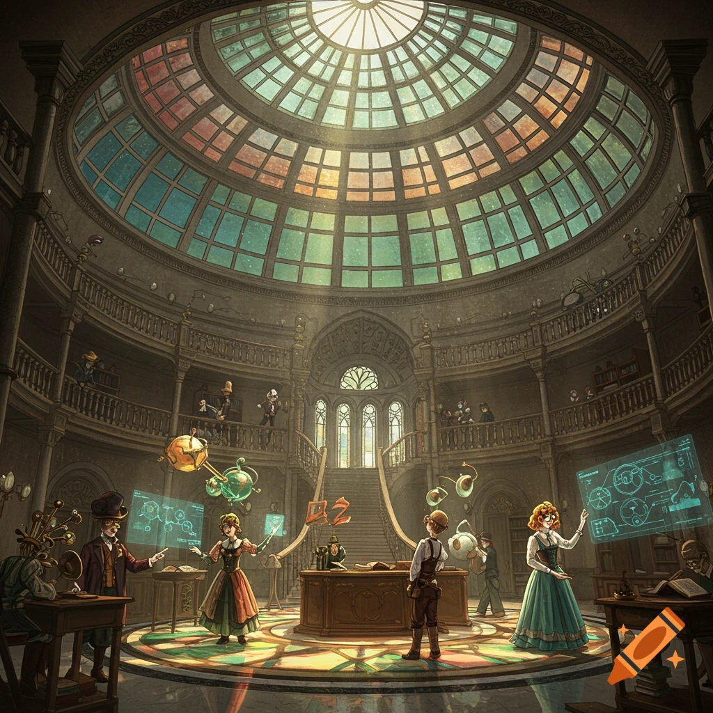 A detailed illustration of a grand domed hall with a stained-glass ceiling, featuring steampunk-attired figures interacting with holographic schematics and peculiar devices.