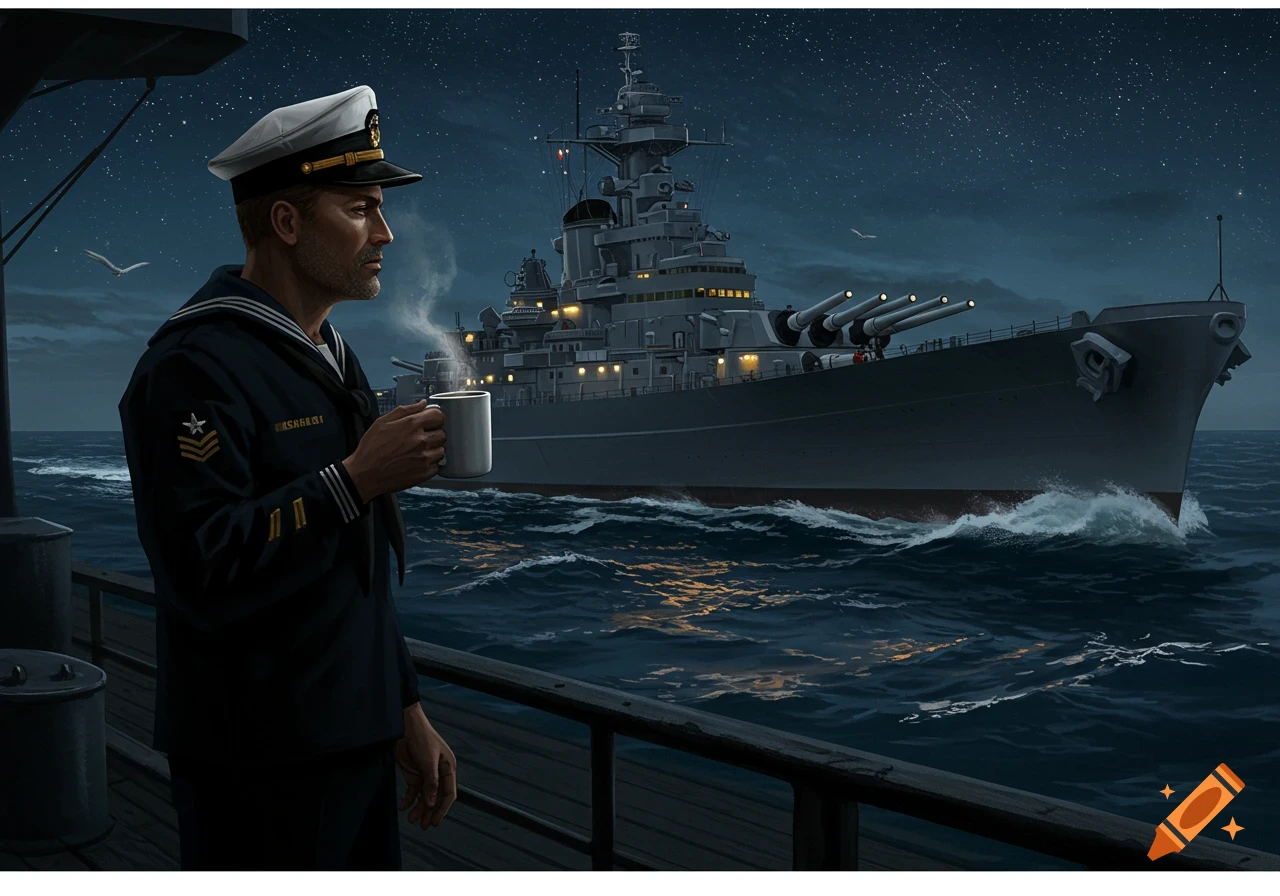 An American sailor in uniform holds a steaming cup of coffee on a ship's deck at night, with a large warship in the background under a starry sky.