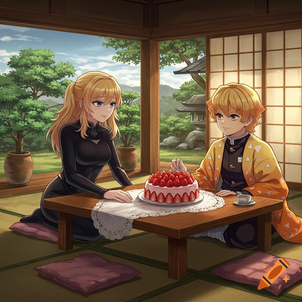 Anime style image of a blonde woman and Zenitsu Agatsuma sitting at a low table, sharing a strawberry cake in a traditional Japanese room overlooking a garden.