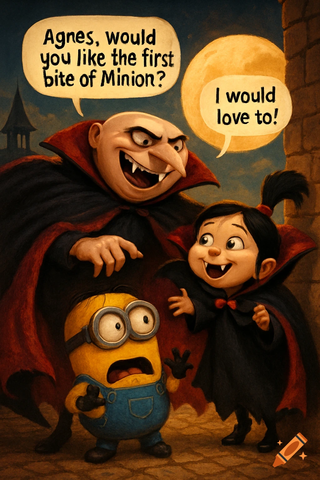 Cartoon illustration of vampire Gru and Agnes smiling mischievously at a scared Minion, with speech bubbles about biting him.