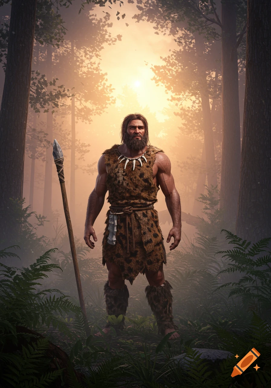 A photorealistic depiction of a muscular caveman with a beard and fur clothing, holding a spear, standing in a misty forest at sunset.