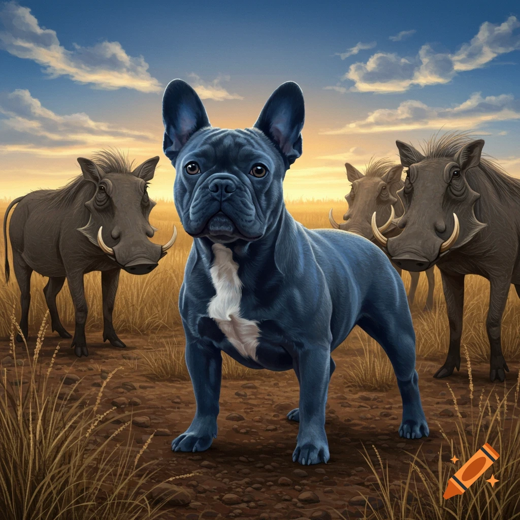 A blue French bulldog with a white chest stands in a dry field with three warthogs behind it under a cloudy sunset sky.