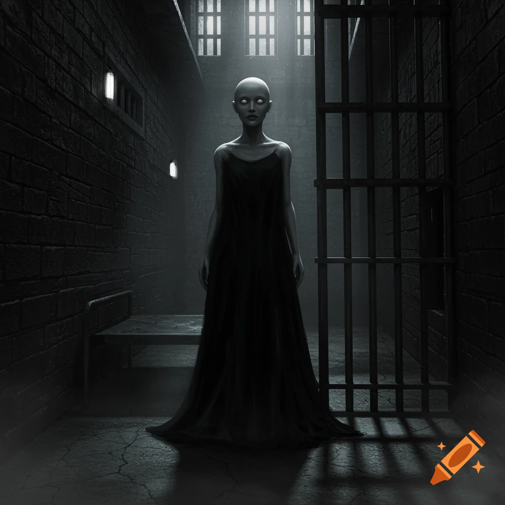 An uncanny bald woman with white eyes in a long black dress stands in a dark, grimy jail cell with a bed and barred window.