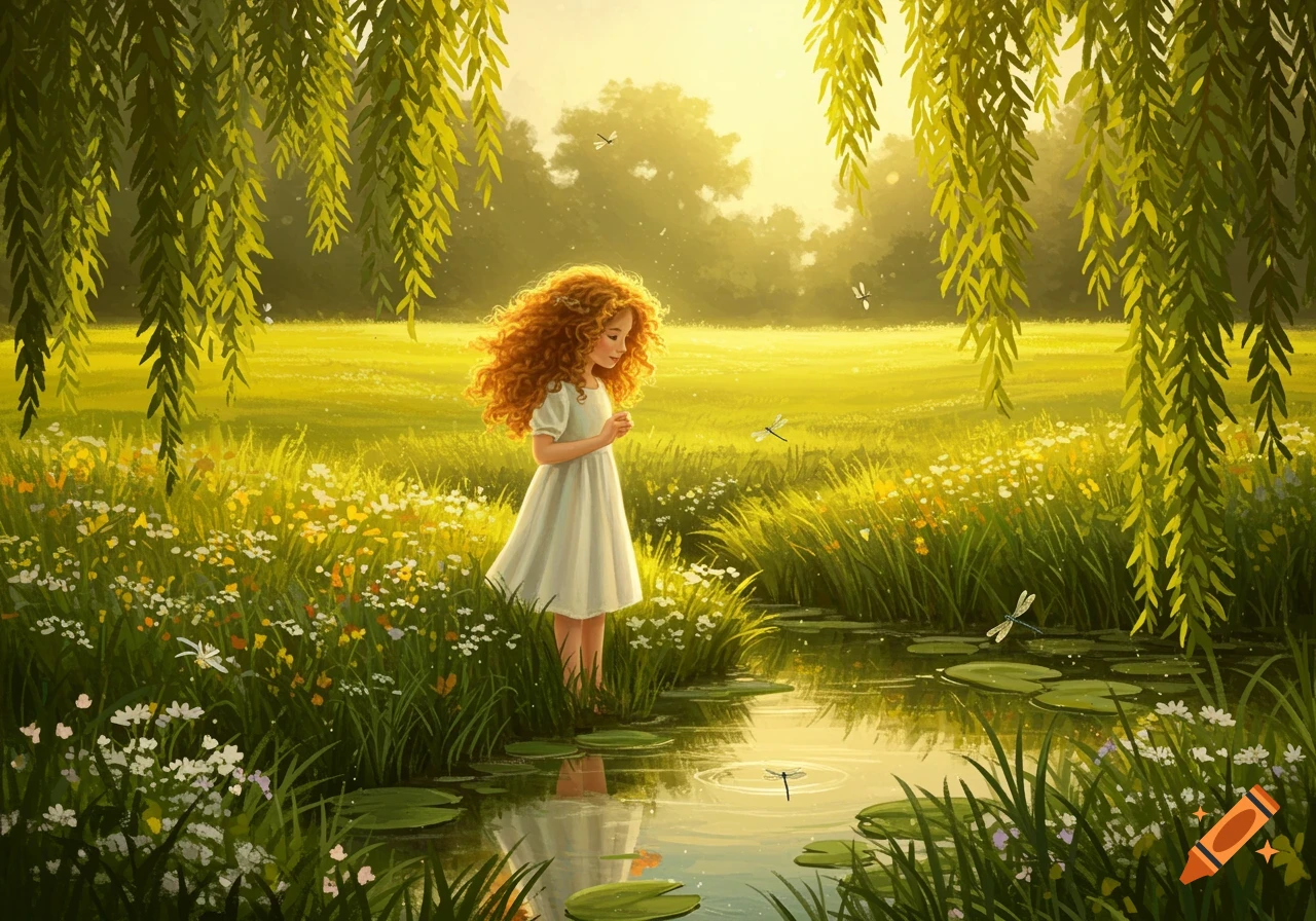 A young girl with red curly hair in a white dress stands by a sunlit stream in a meadow filled with flowers and weeping willows.