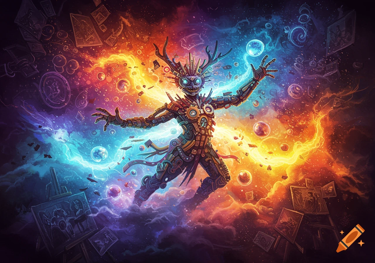 A vibrant, cosmic fantasy artwork featuring an anthropomorphic creature with antlers and intricate patterns, glowing with blue and orange energy amidst swirling nebulae and floating spheres.