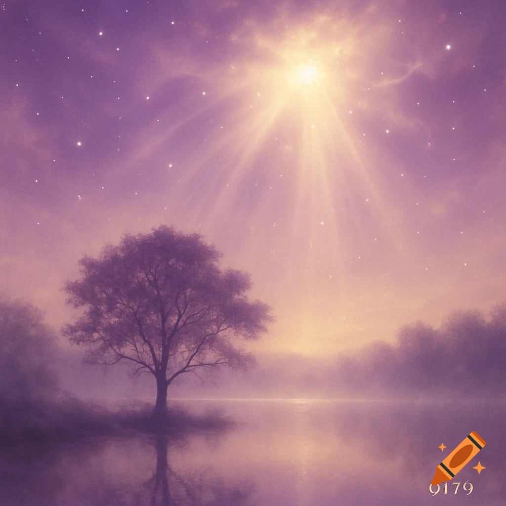 A lone tree stands by misty water under a glowing purple and orange sky with stars and light rays. The numbers 0179 are in the corner.