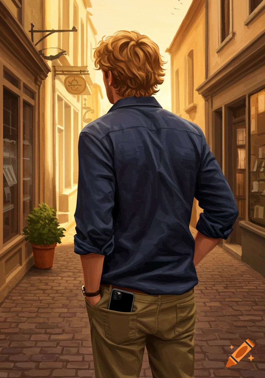 A man with sandy blonde hair, seen from behind, walks down a sunlit, cobblestone street lined with buildings. A phone is in his back pocket.