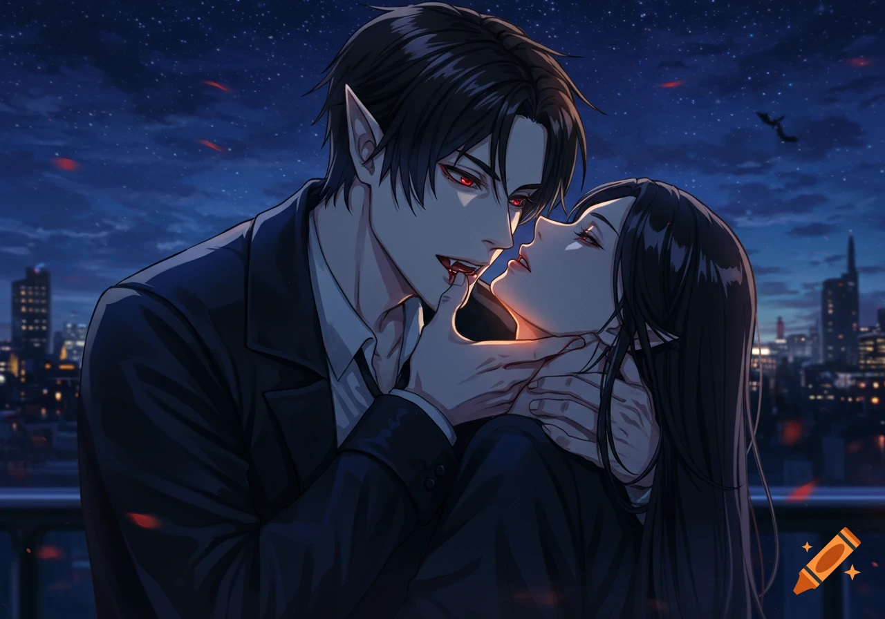 Anime-style illustration of a male vampire with red eyes about to bite a female's neck against a night cityscape.