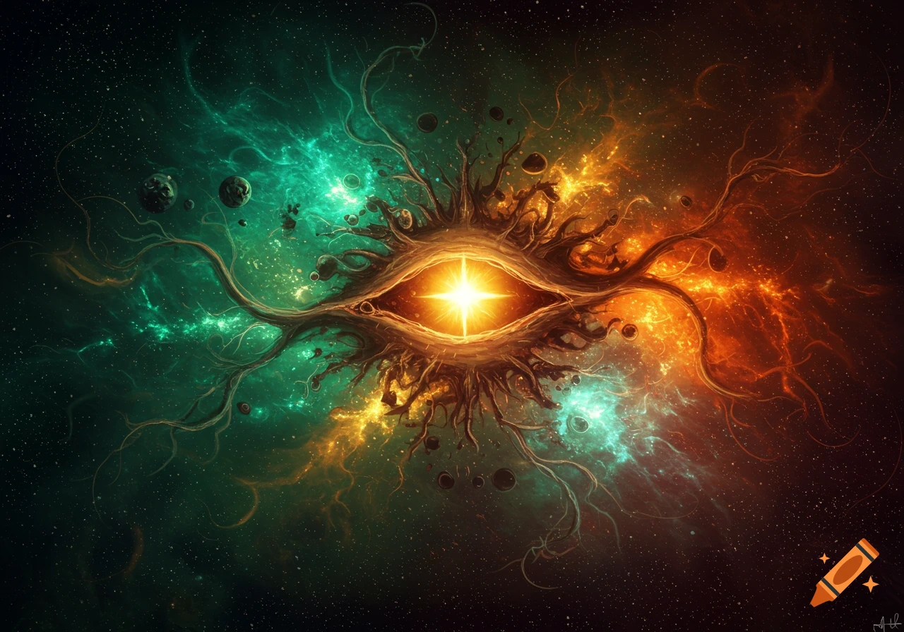 A cosmic eye with a bright star pupil, surrounded by organic, root-like structures and glowing nebulas in green and orange against a starry galaxy.