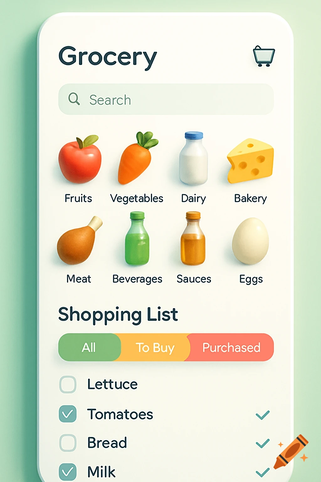 A mobile app UI for a grocery shopping list, showing categories like fruits and dairy, and a shopping list with items like lettuce and milk.