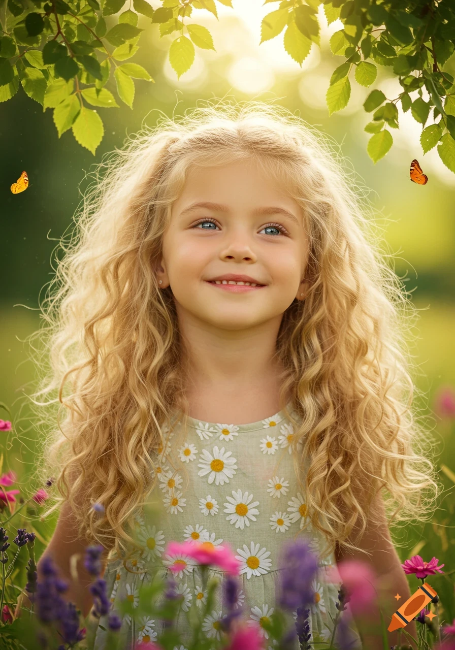 A photorealistic portrait of a smiling blonde girl with curly hair and blue eyes, standing in a sunny field of flowers with butterflies.